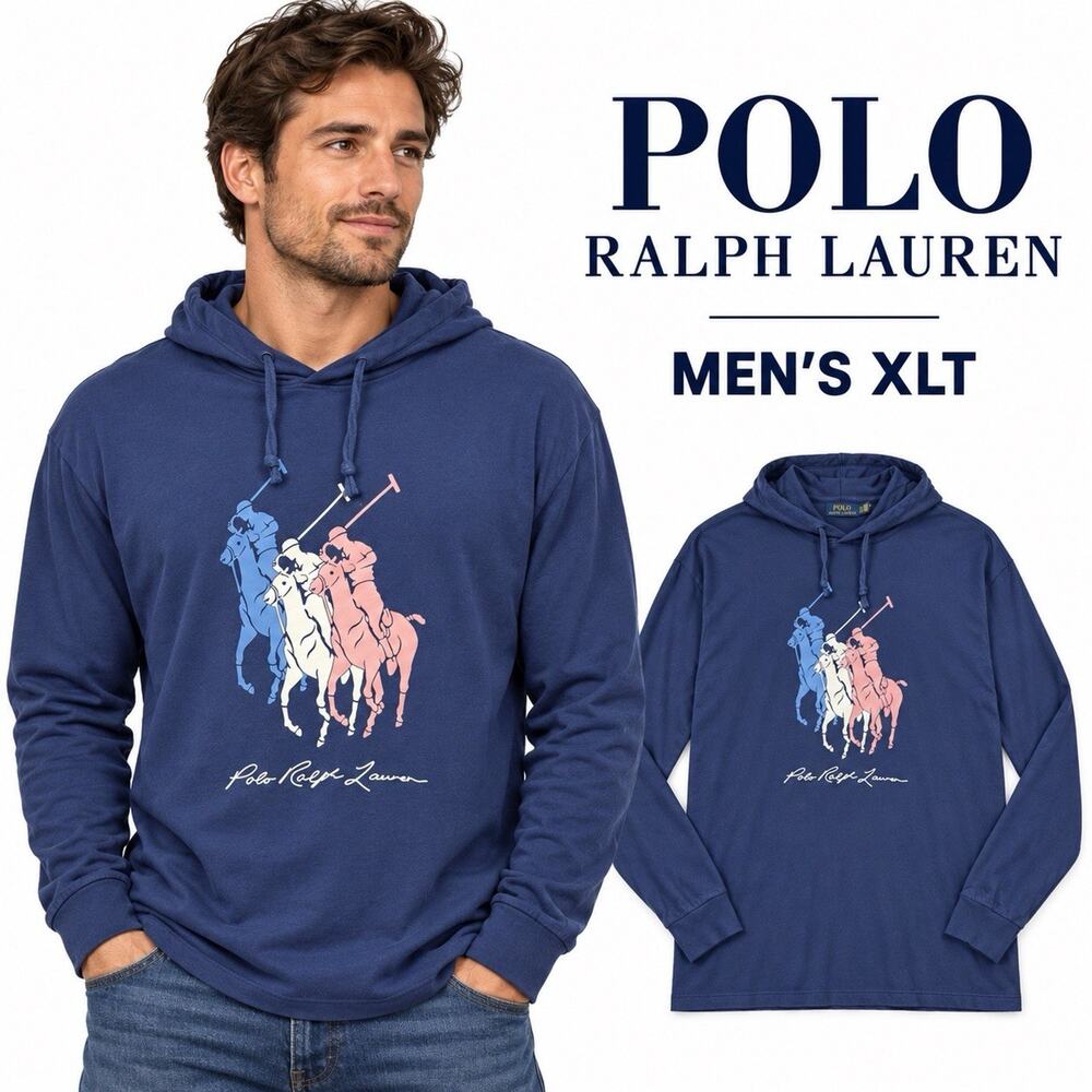 Polo Ralph Lauren Men’s XLT Triple Pony Graphic Hooded T-Shirt Navy Blue